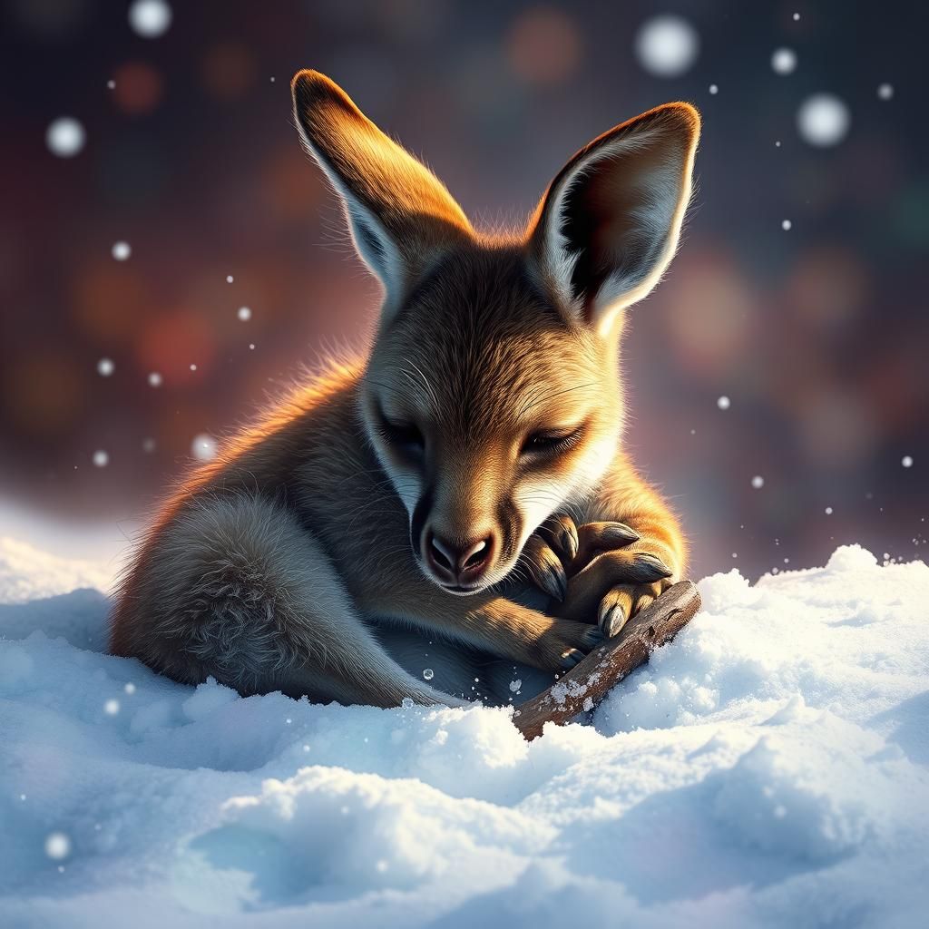 Baby Kangaroo Asleep in Snow: Hyperrealistic Splash Art