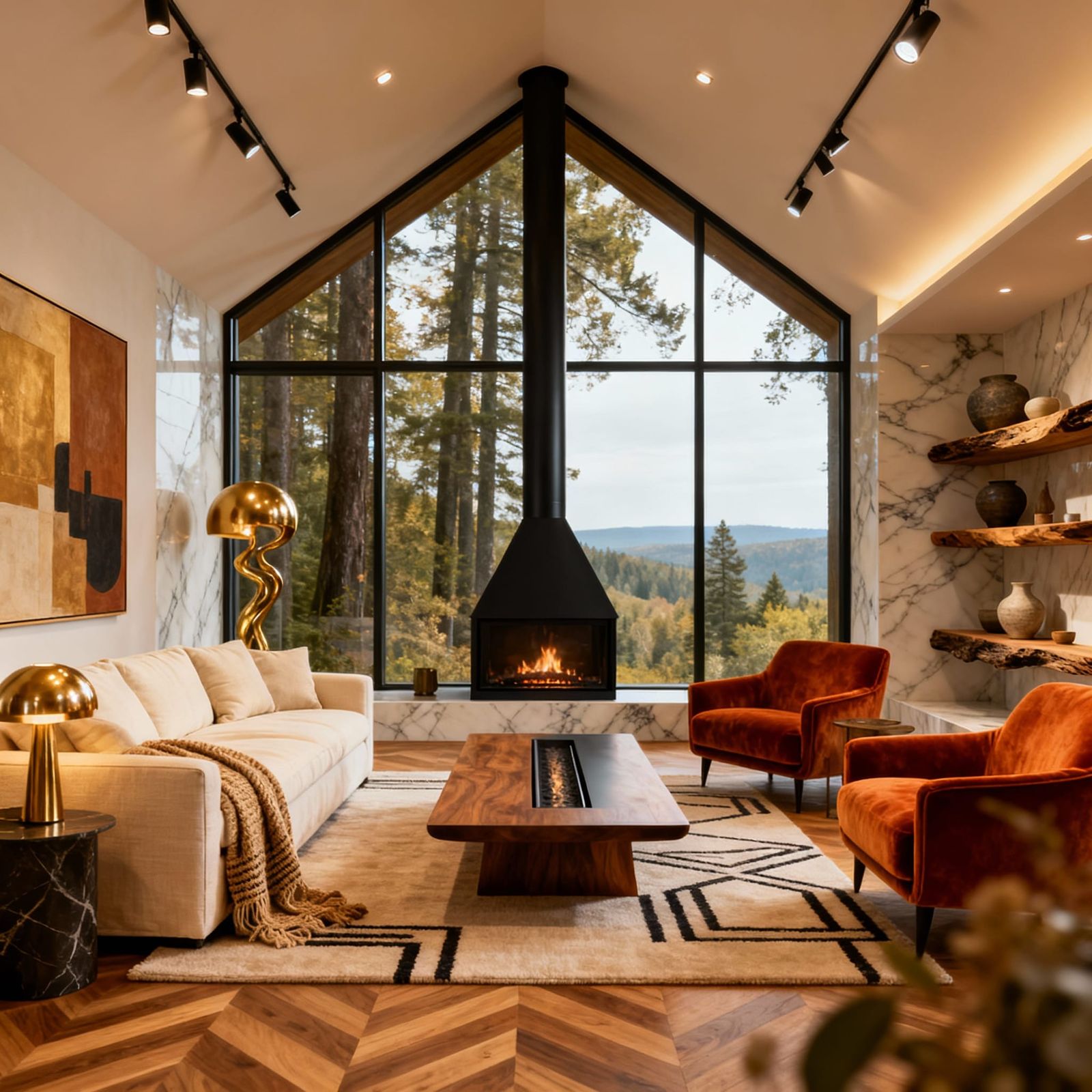 Elegant Living Room with Fireplace and Nature View