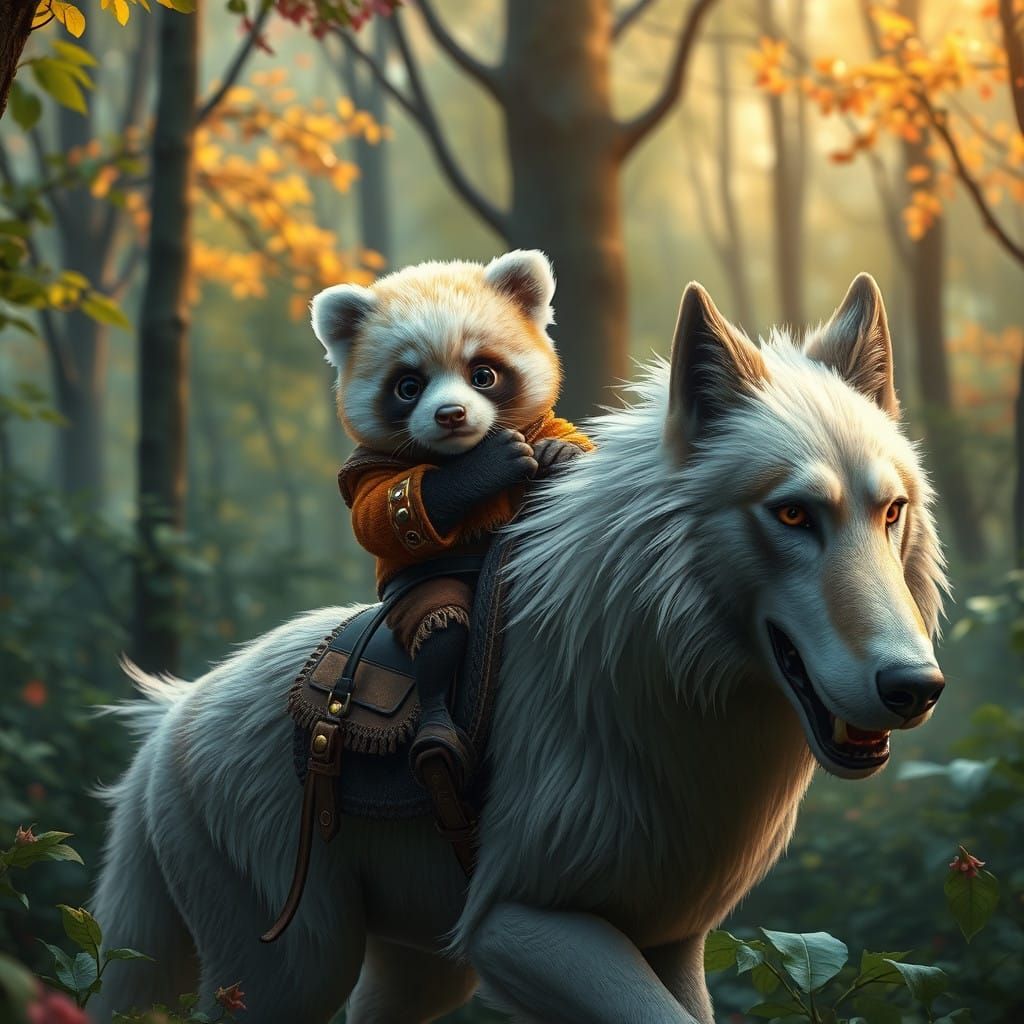 Majestic Panda Rides Majestic Wolf in Whimsical Forest