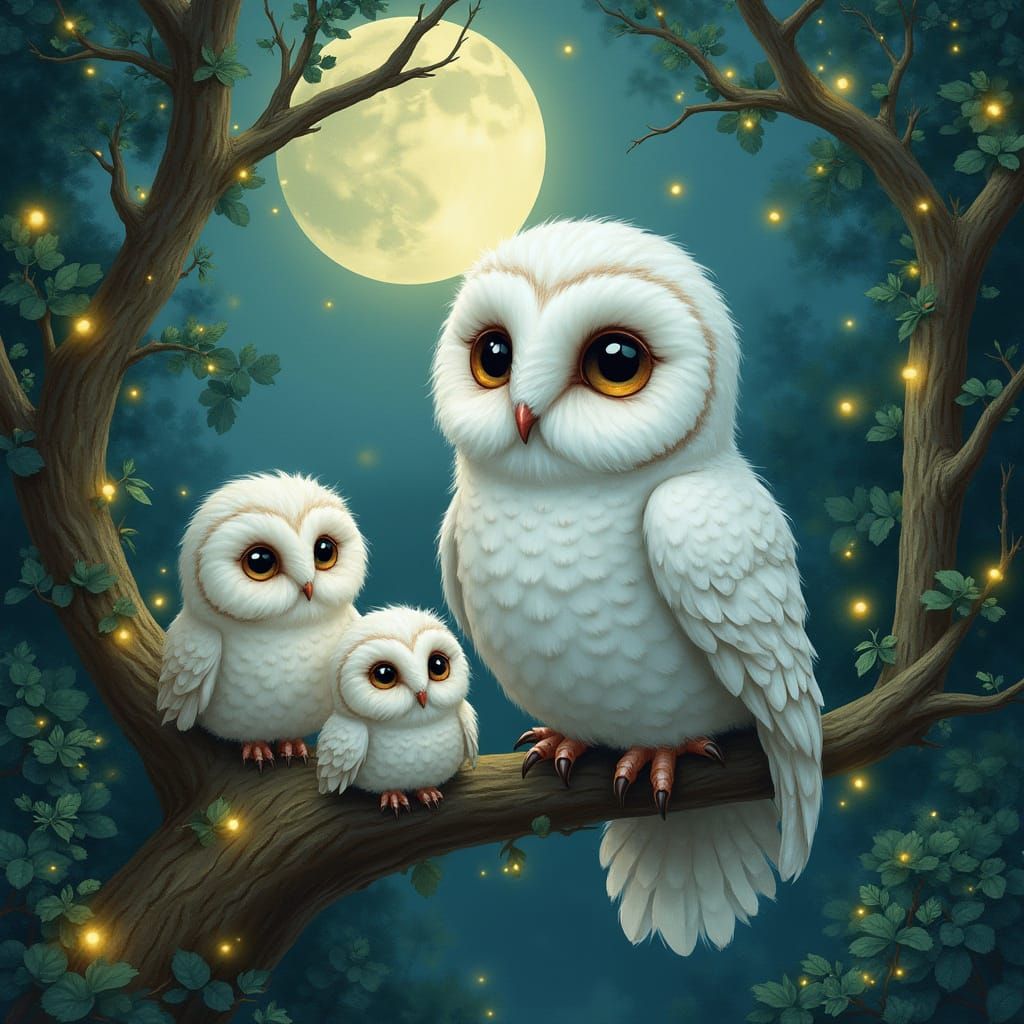 Enchanted Forest Owl Mother with Owlets in a Whimsical Water...