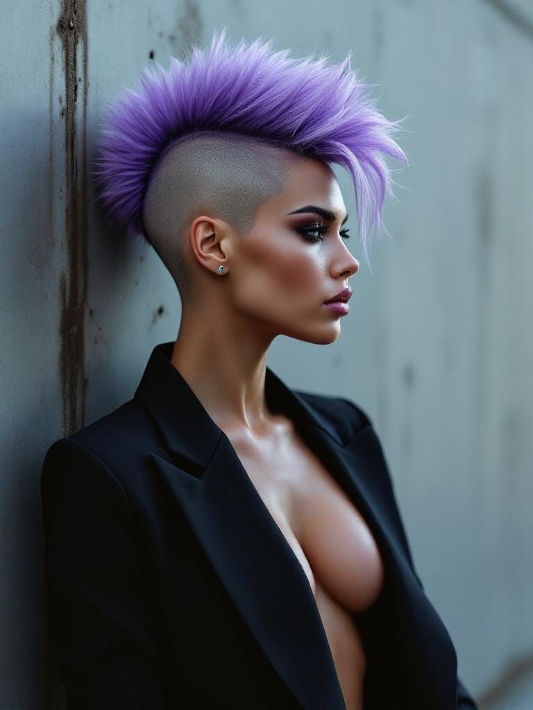 Woman with Lavender Mohawk in Urban Cyberpunk Style