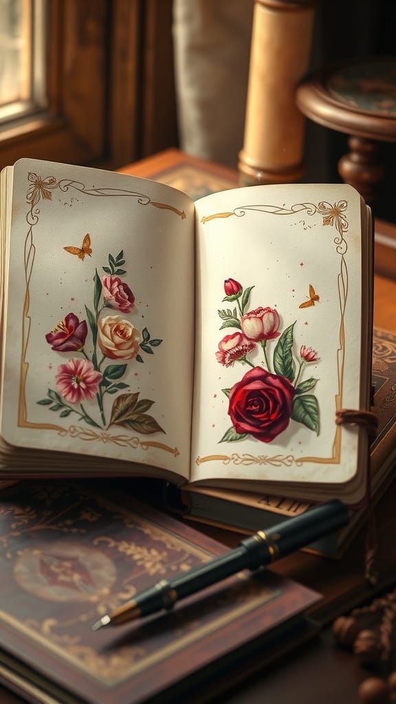 Fairytale Notebook Page with Floral Borders and Golden Ink