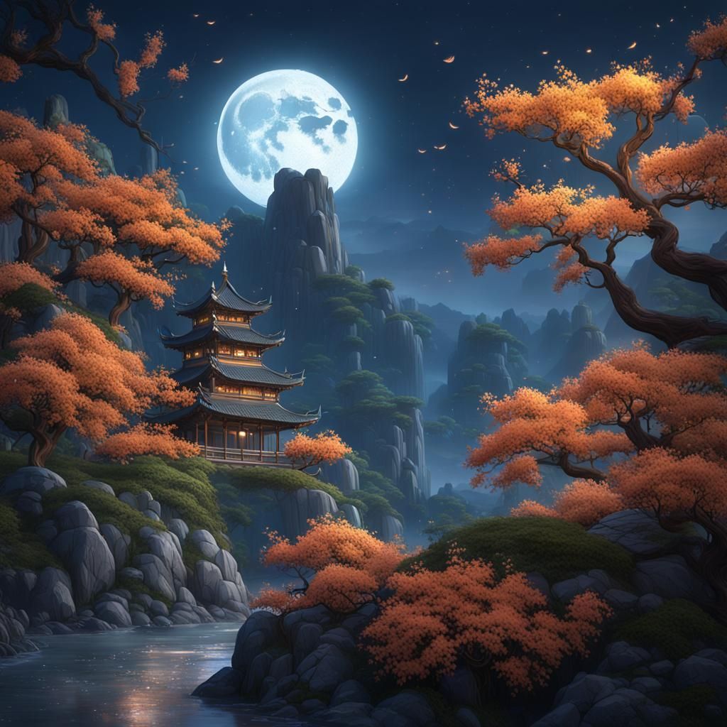 Moonlit Mountain Scene with Osmanthus Flowers