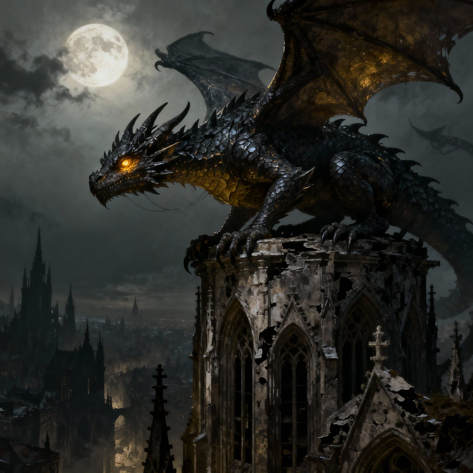 Dragon on Gothic Cathedral Overlooking Shadowy City