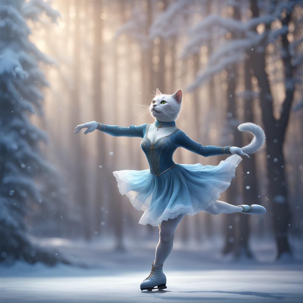 Elegant Cat Figure Skater in Ethereal Winter Scene