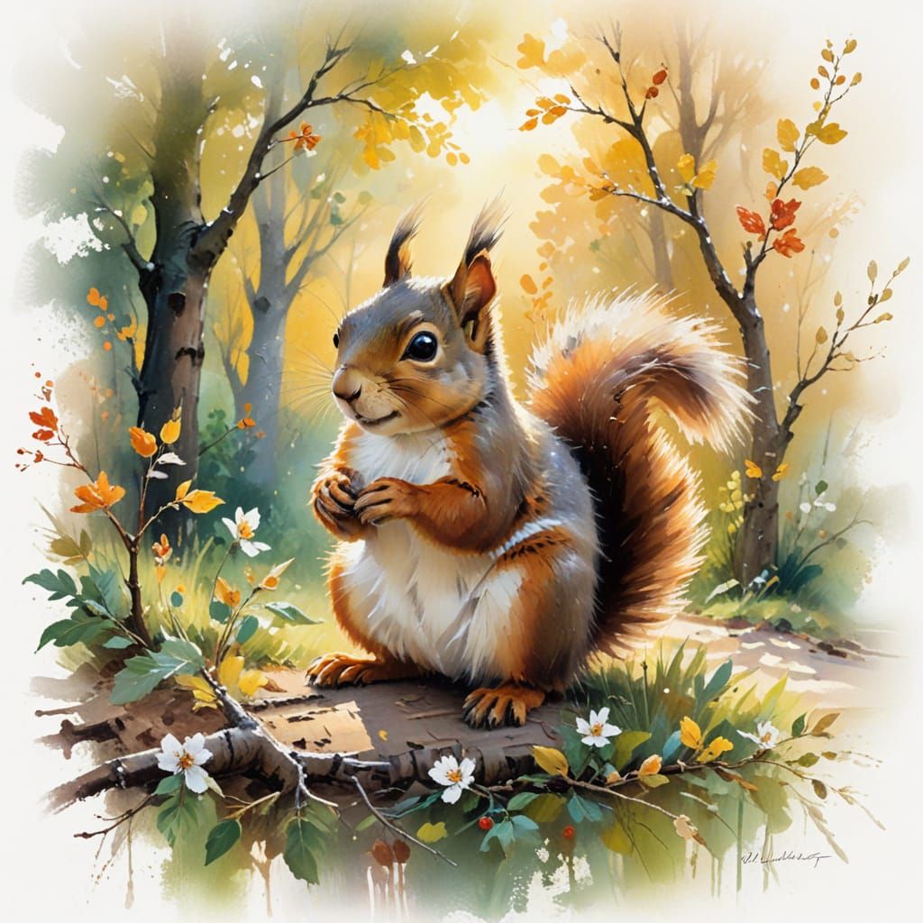 Surrealistic Squirrel in Vibrant Orchard Scene