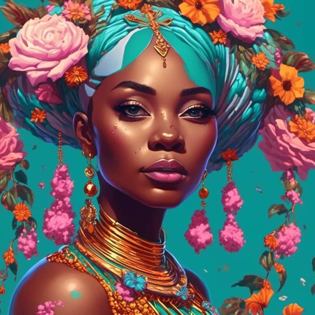 African Female with Teal Hair in Retro Design