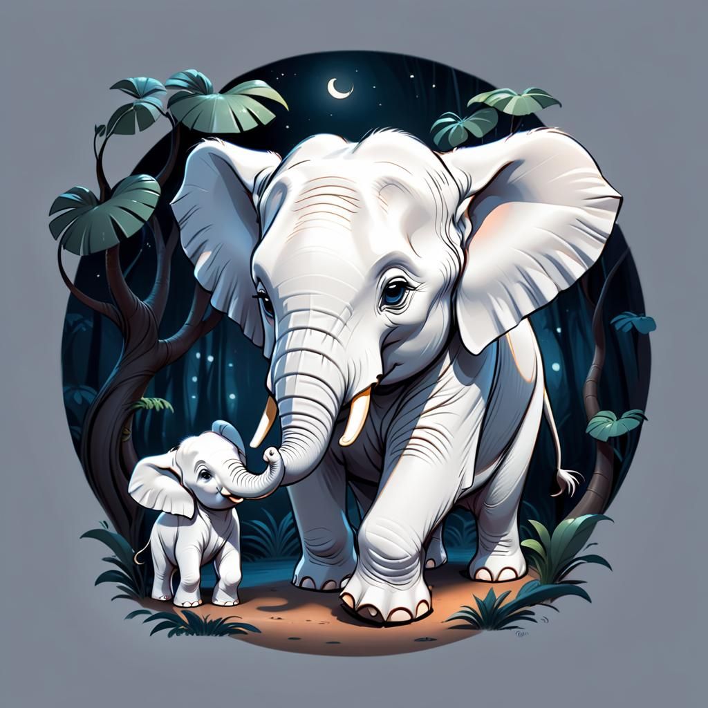 Albino Elephant Mother and Baby in Jungle Illustration