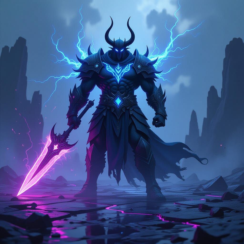 Colossal Trent Warrior with Neon Runes on Obsidian Plain