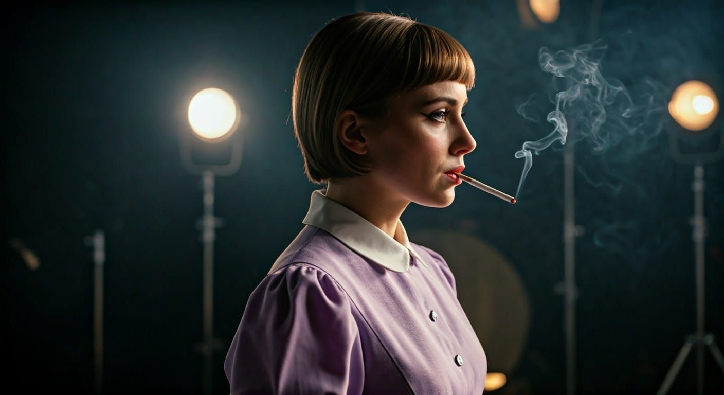 Cinematic Close-Up of Woman in Lilac Alice Maid Dress