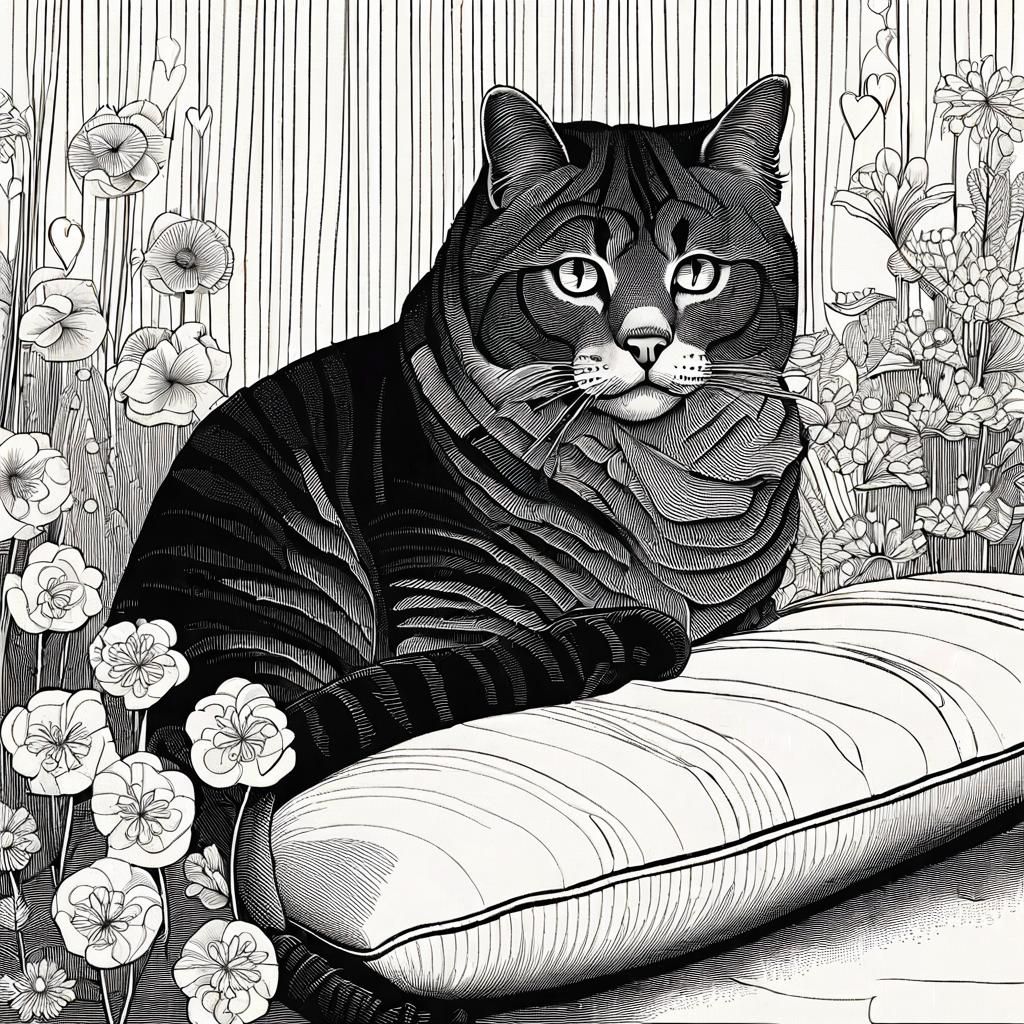 Cat Surrounded by Flowers in Beardsley Style