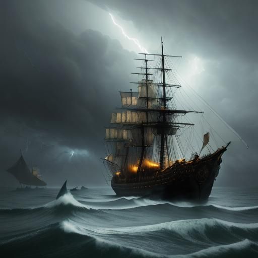 Pirate Ship Sailing Stormy Seas as Oil Painting