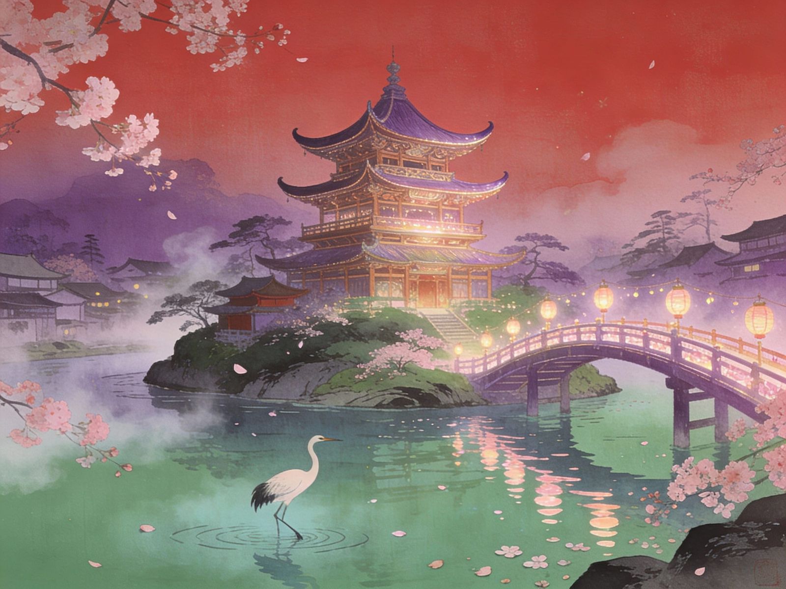 Mystical Japanese Village in Ukiyo-e Style