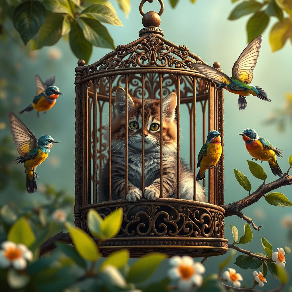 Whimsical Cat in Birdcage, Hyper-Realistic Digital Art