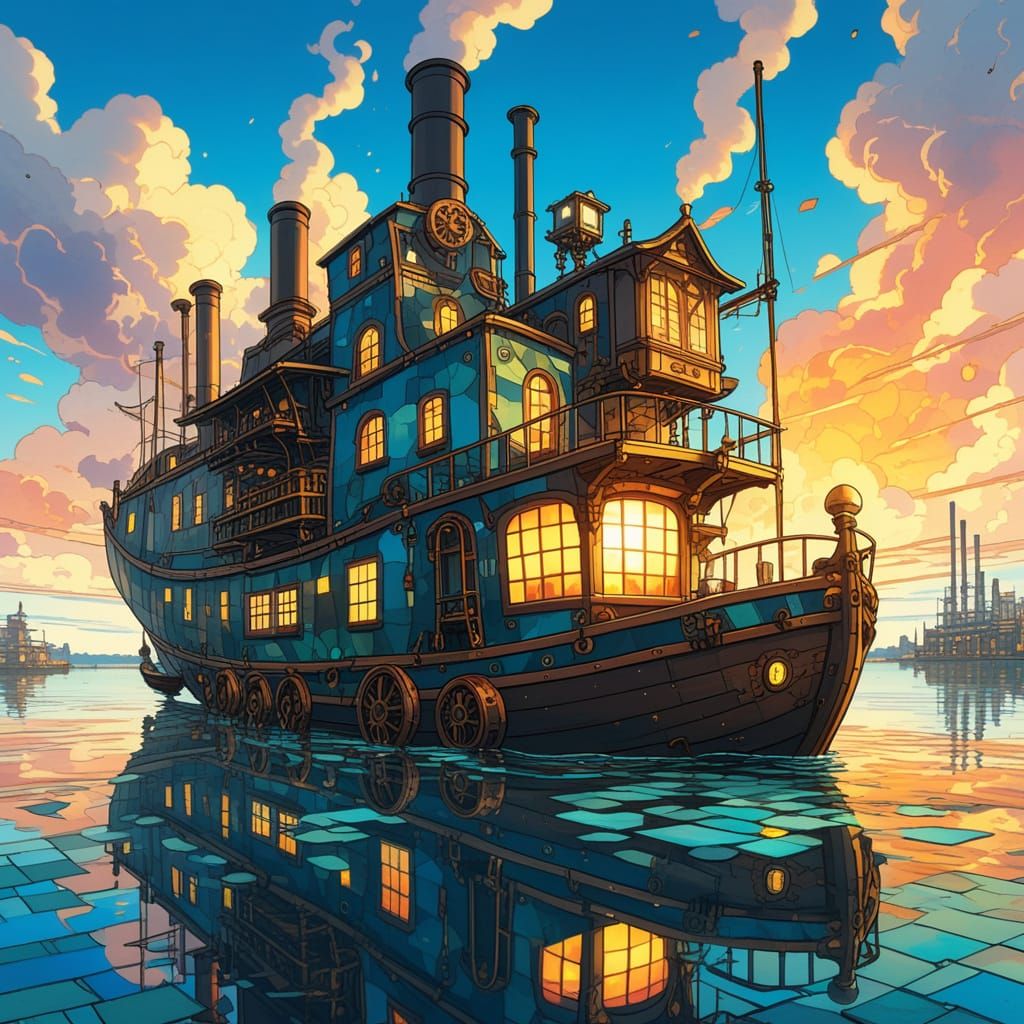Steampunk Fantasy Boat in Vibrant Anime Style
