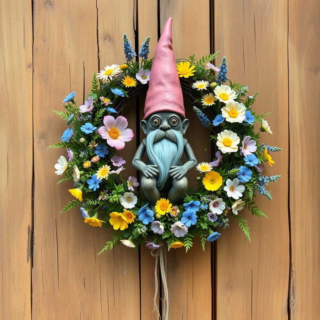 Giger-Inspired DMT Machine Gnome in Whimsical Floral Wreath