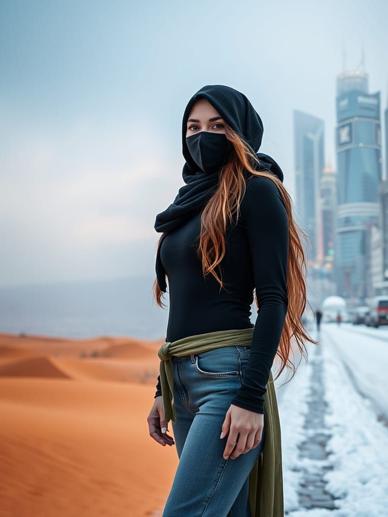 Woman in Black Mask: Desert and Snowy Cityscapes
