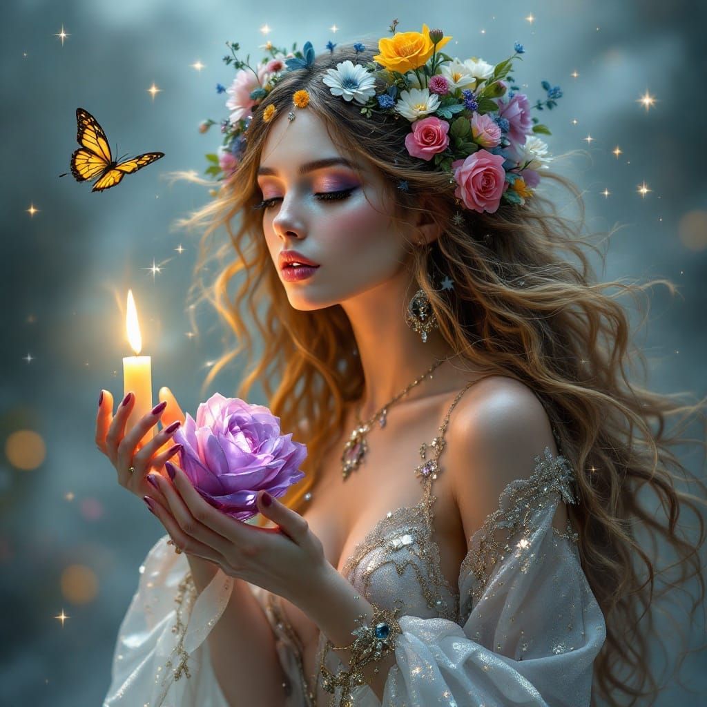 Ethereal Woman in Iridescent Hues, Inspired by Art Nouveau