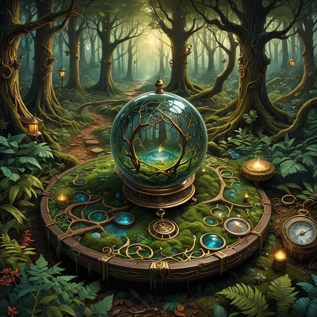 forest scene where trees morph into intricate patterns and s...