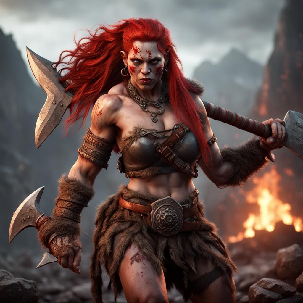 Red-Haired Orc Barbarian with Axes: Fantasy Art
