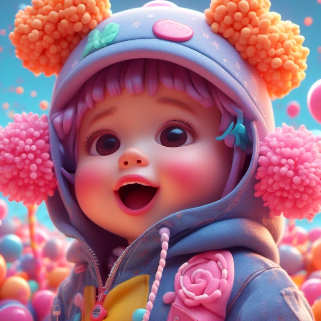 Baby in Hat with Pom Pom: Candy Art Style