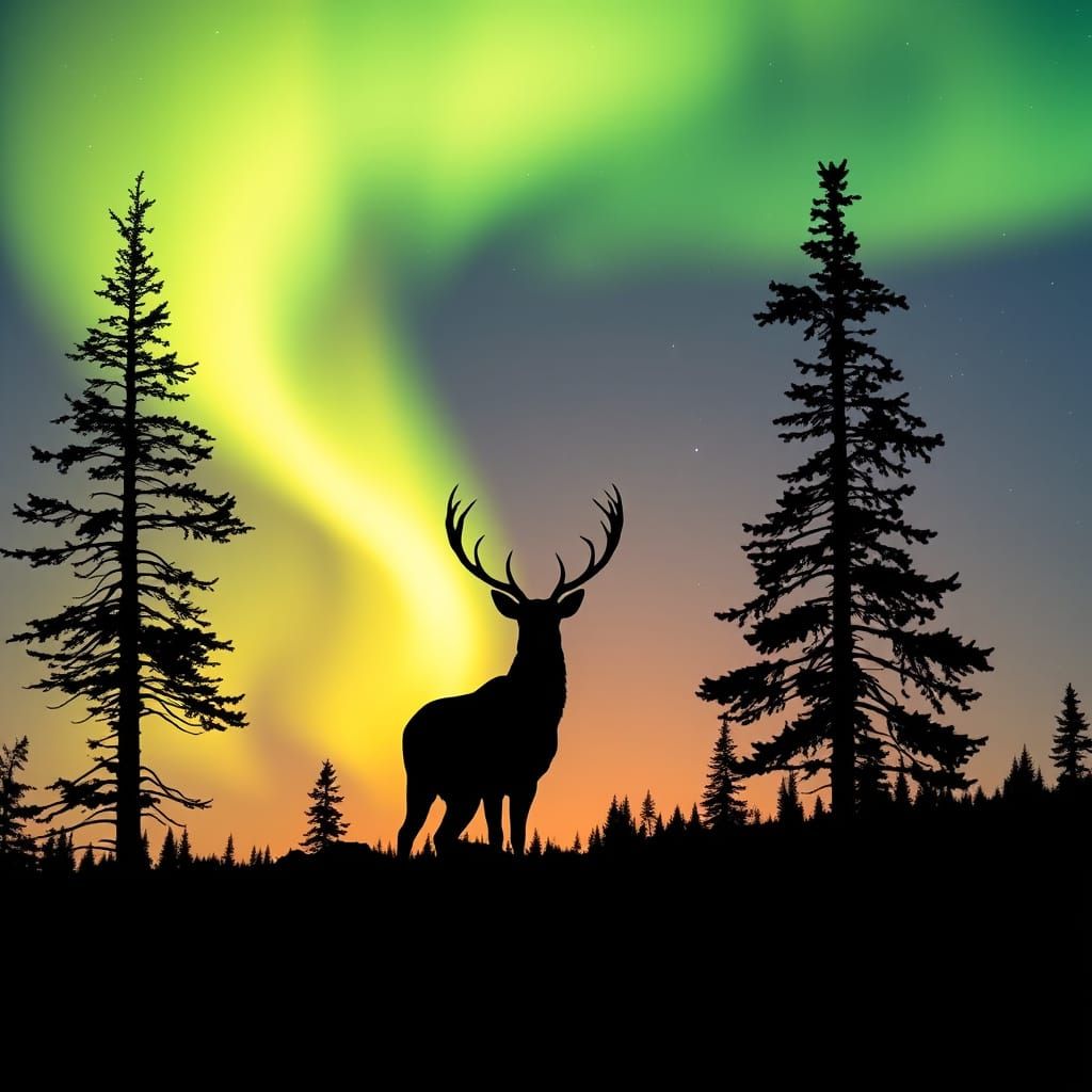 Green and Yellow Northern Lights Over Arctic Forest