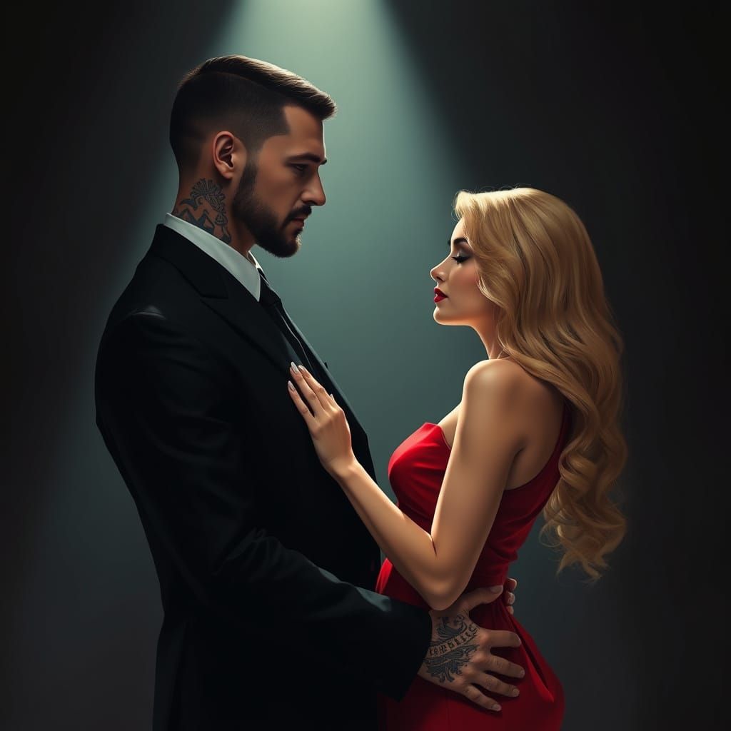 Mafia Couple's Intimate Gaze in Film Noir Style