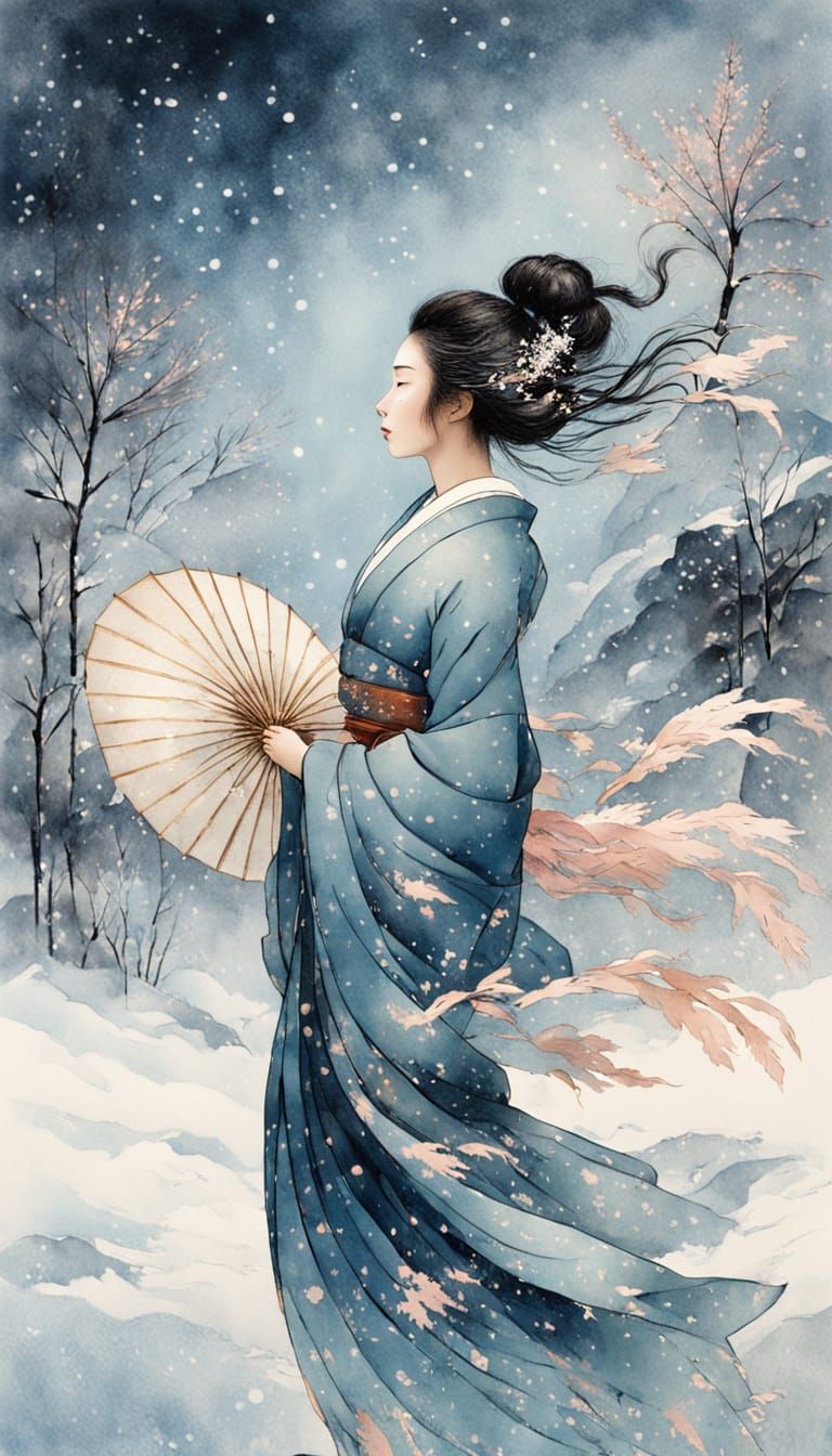 Ethereal Portrait of a Young Black Lady in Snowy Japanese La...