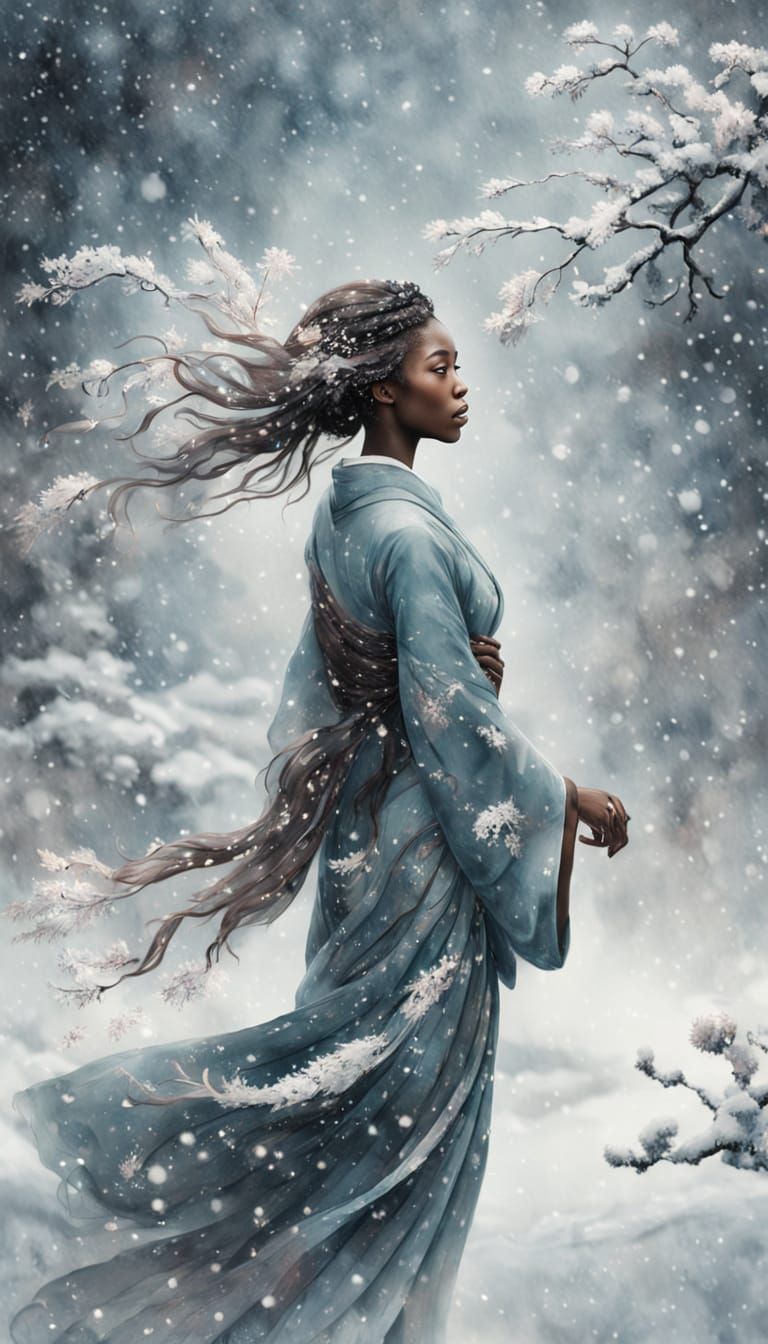 Ethereal Ukiyo-e Portrait of a Young Black Lady in Snowy Whi...