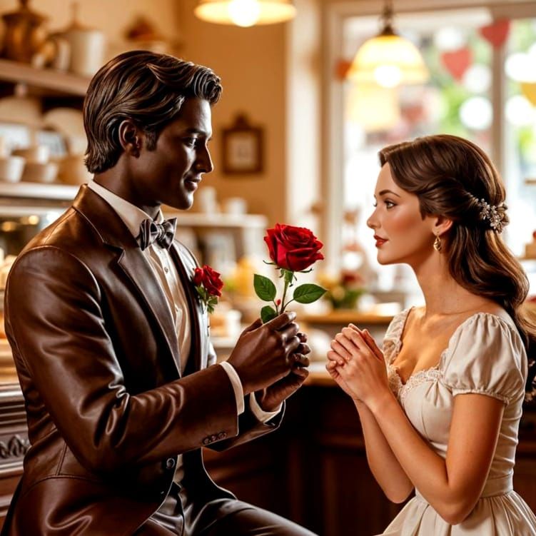 Romantic Chocolate Statue Proposes in Dreamy Bakery