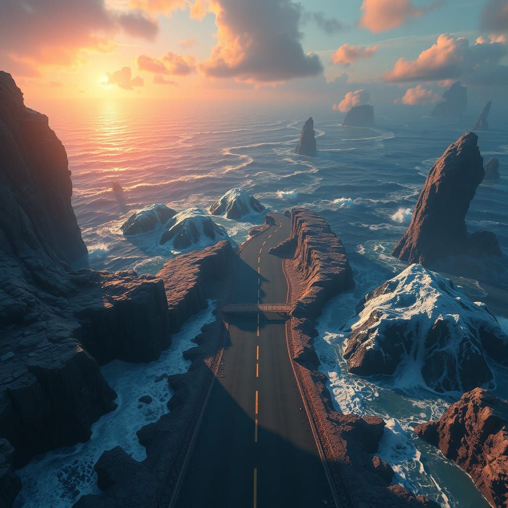 Road Through Parting Ocean in Deep Fantasy Landscape
