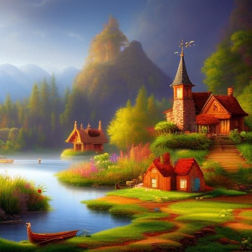 Whimsical Mice in Lush Meadow: Folk Art Illustration