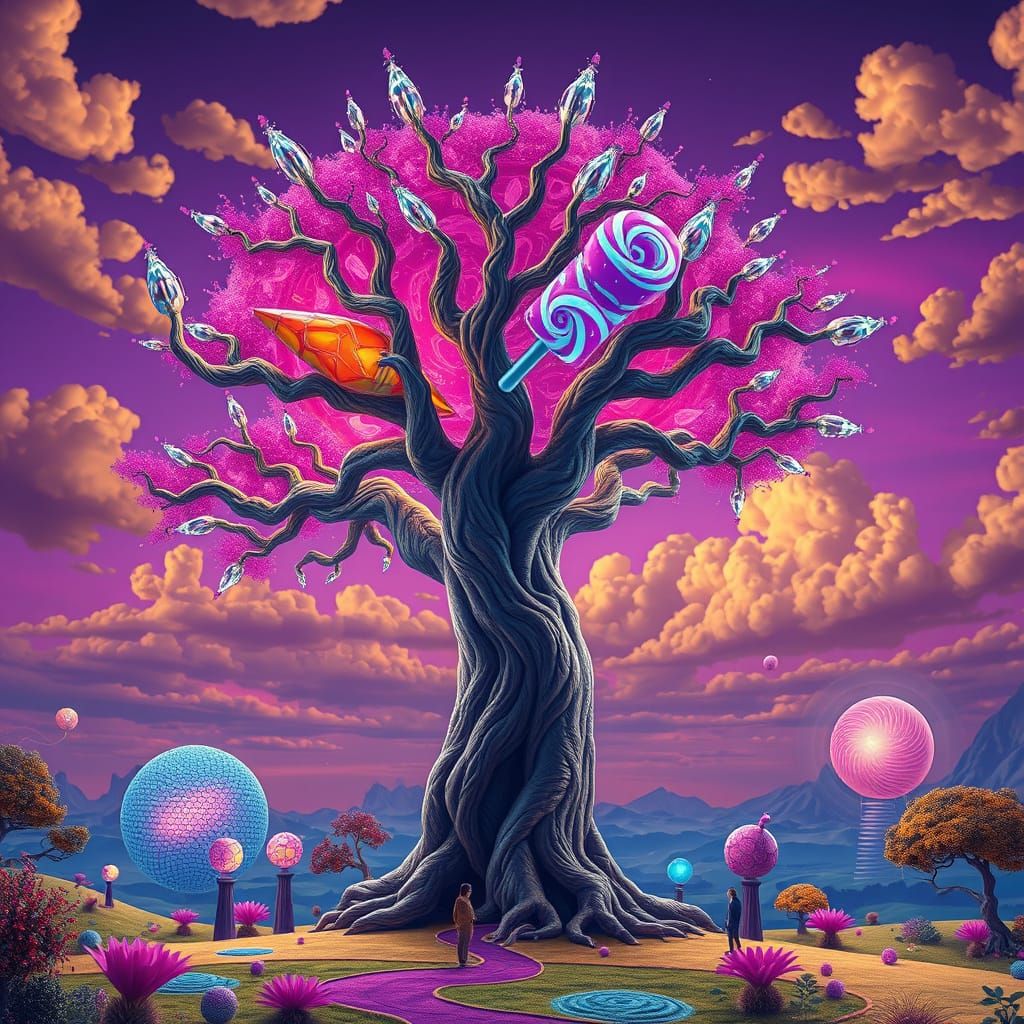 Gnarled Crystal Tree in Vibrant Twilight