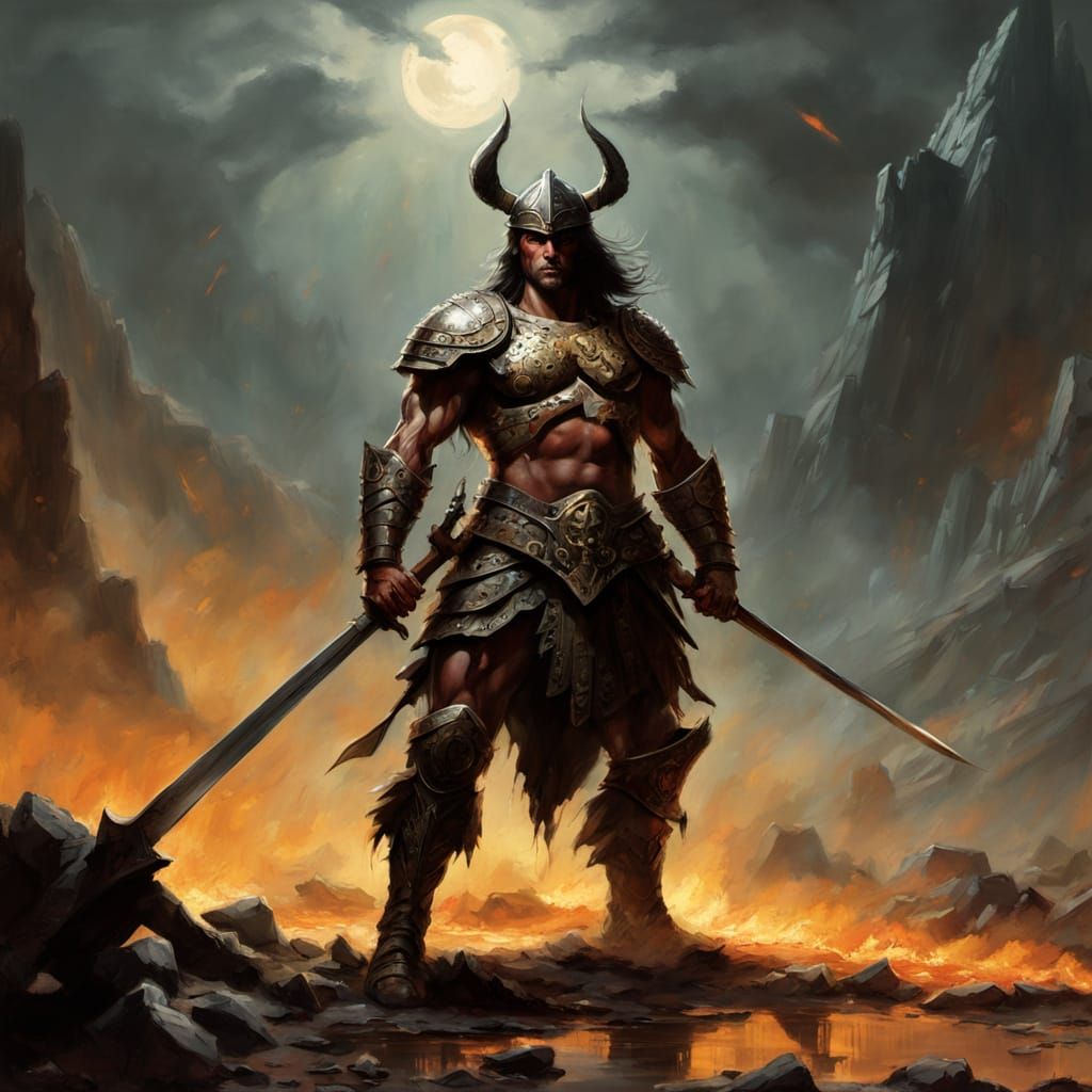 Battered Warrior Stands Defiant on Fiery Battlefield