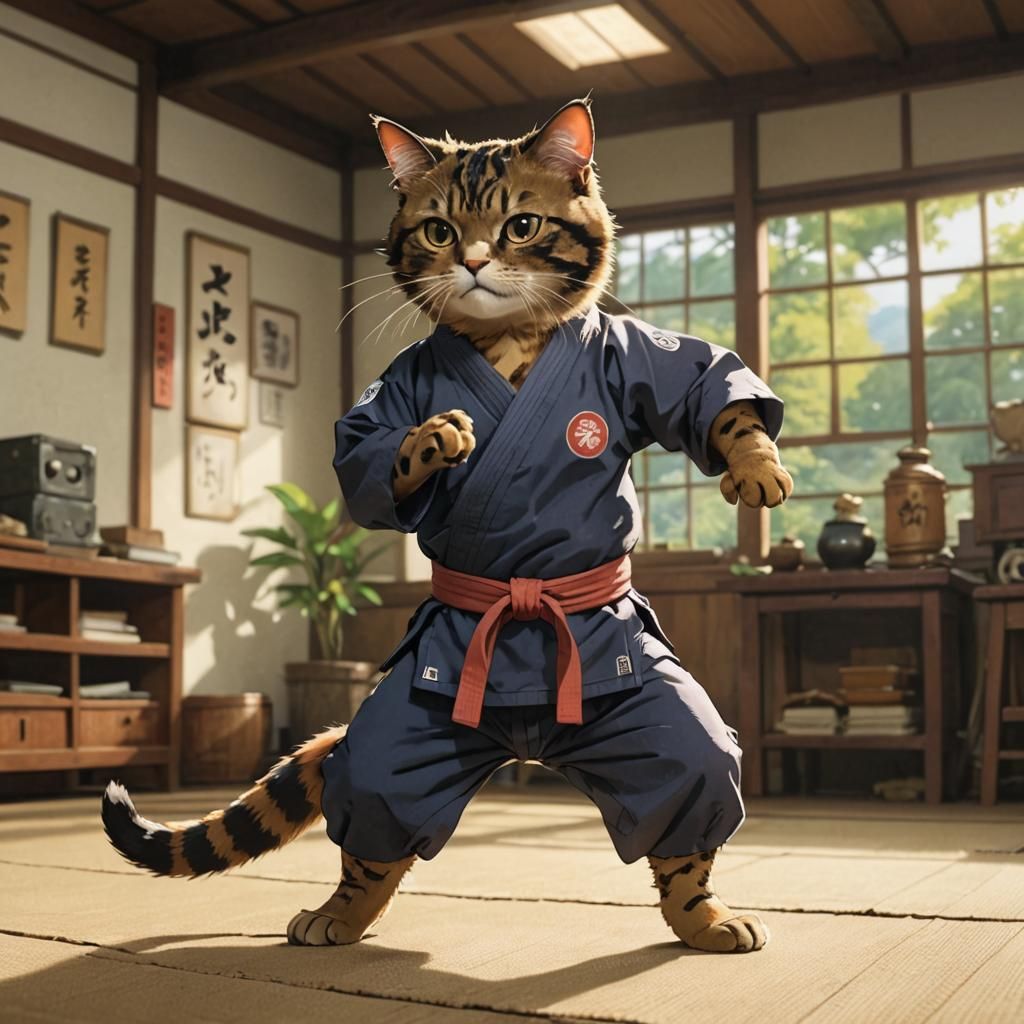 Tortoiseshell Cat Practices Martial Arts: Anime Style