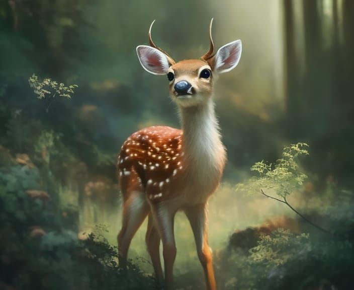Adorable Baby Deer and Bunny in Forest: Digital Illustration
