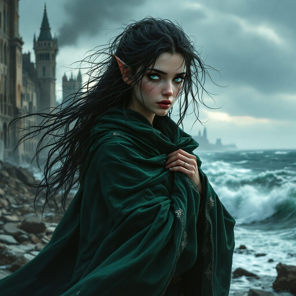 Ethereal Elf-Maiden Against Tempestuous Cityscape