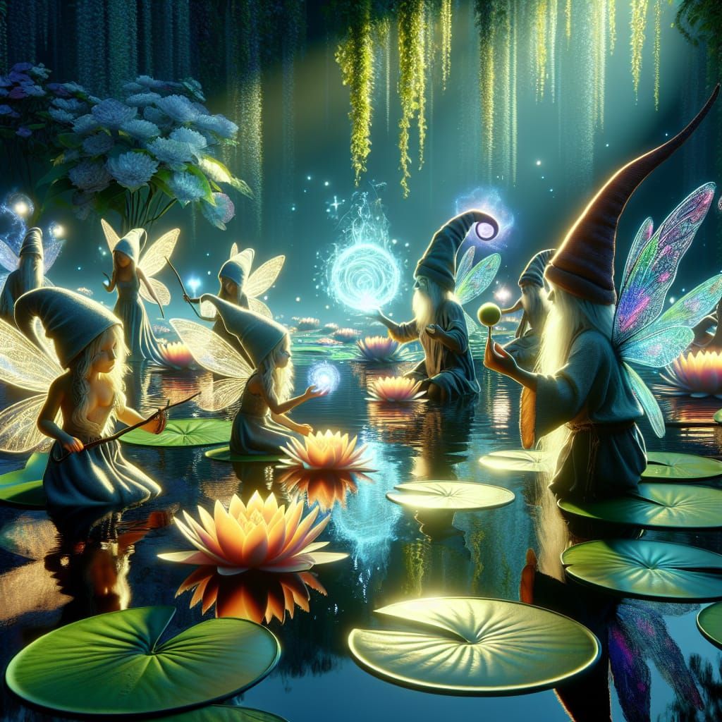 Fairies and Gnomes Creating Pond Magic