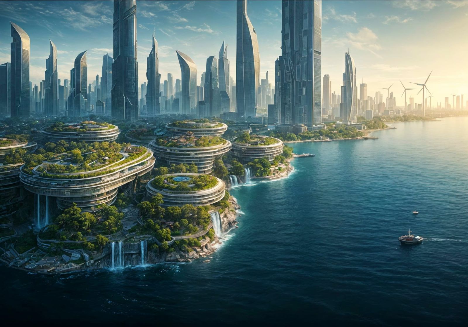 Solarpunk Metropolis Next to a Serene Bay