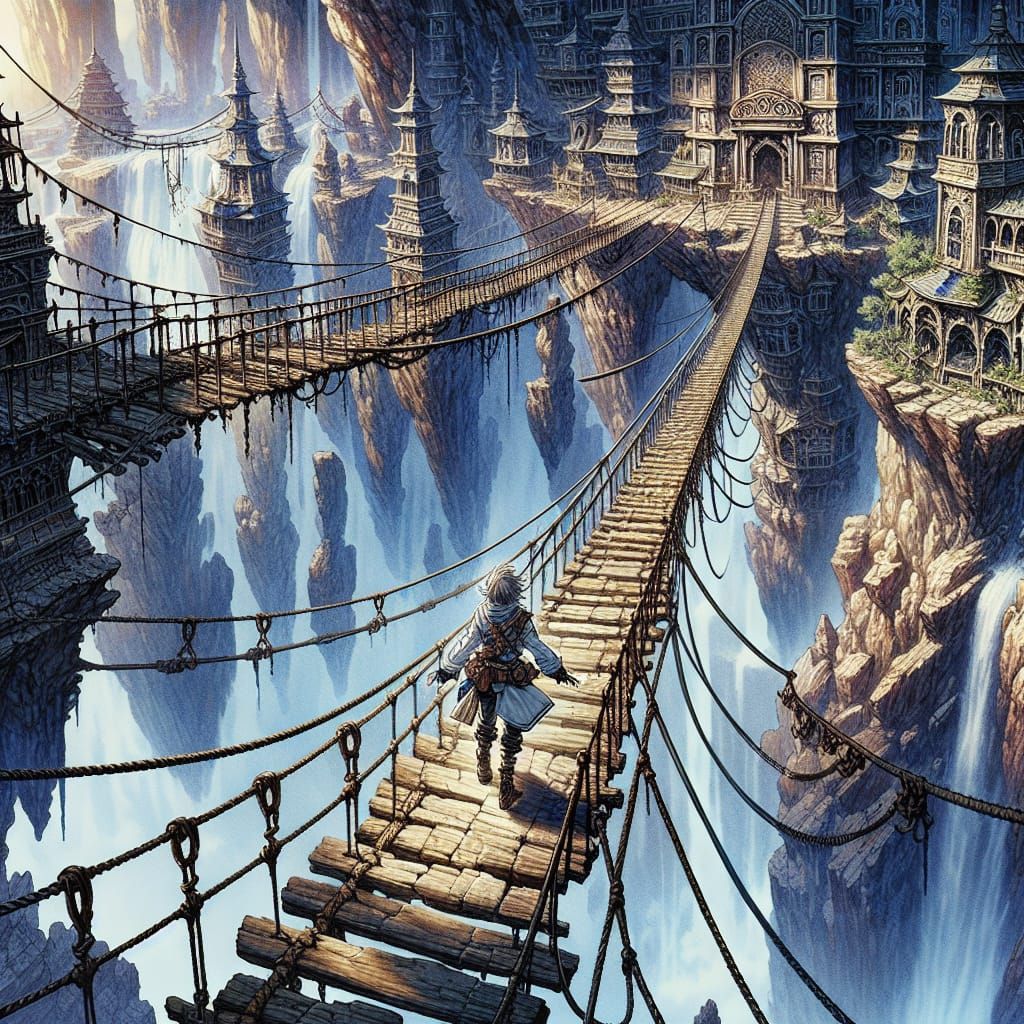 Epic Fantasy Adventurer on a Daring Rope Bridge