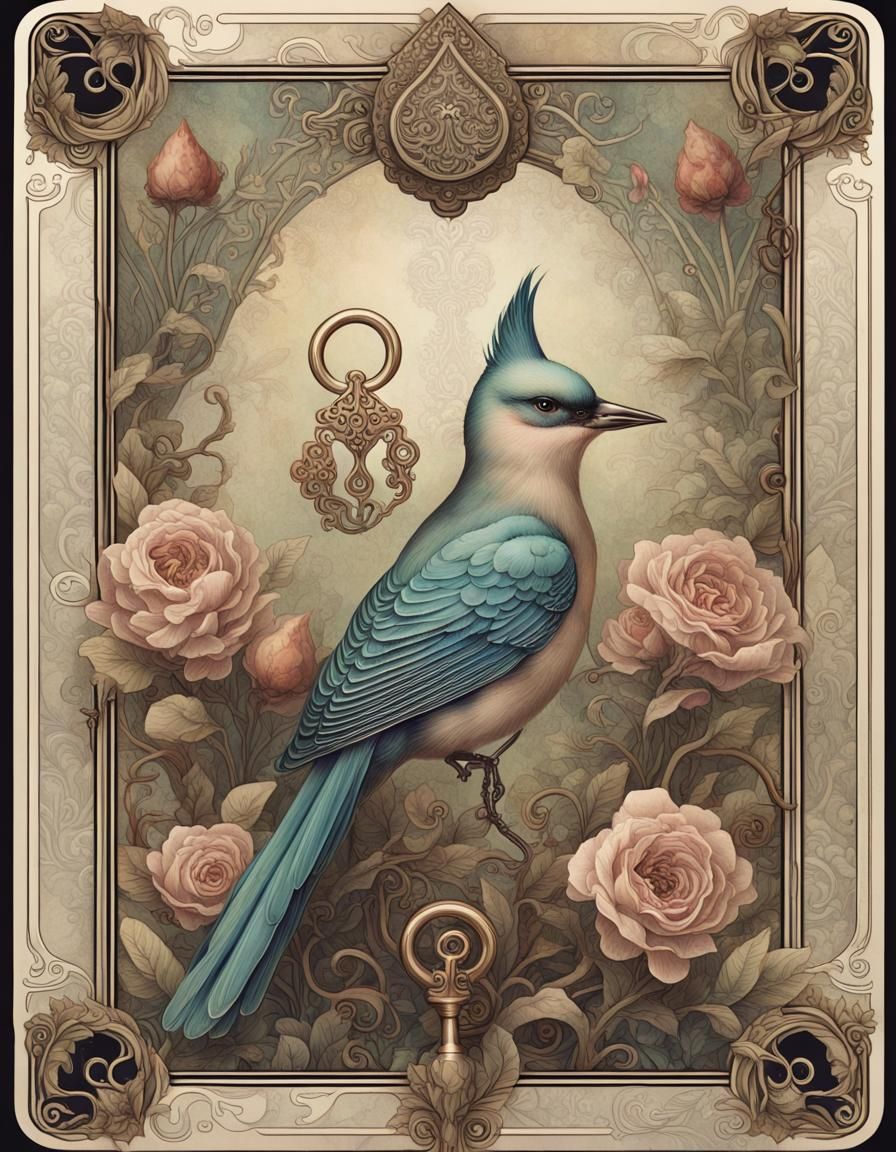 Dreamlike Bird and Key Playing Card in Dixit Style