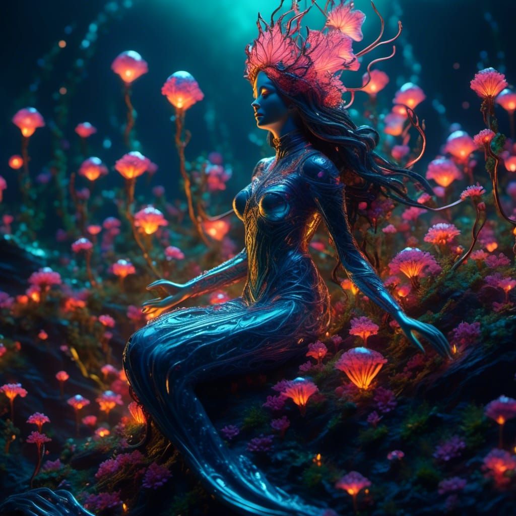 Bioluminescent Mermaid in a Neon Wave