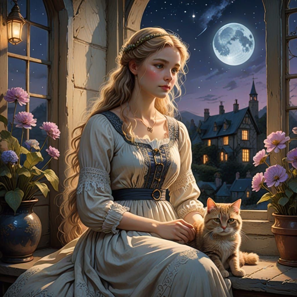 Enchanting Digital Painting of a Blonde Girl with Cat under ...