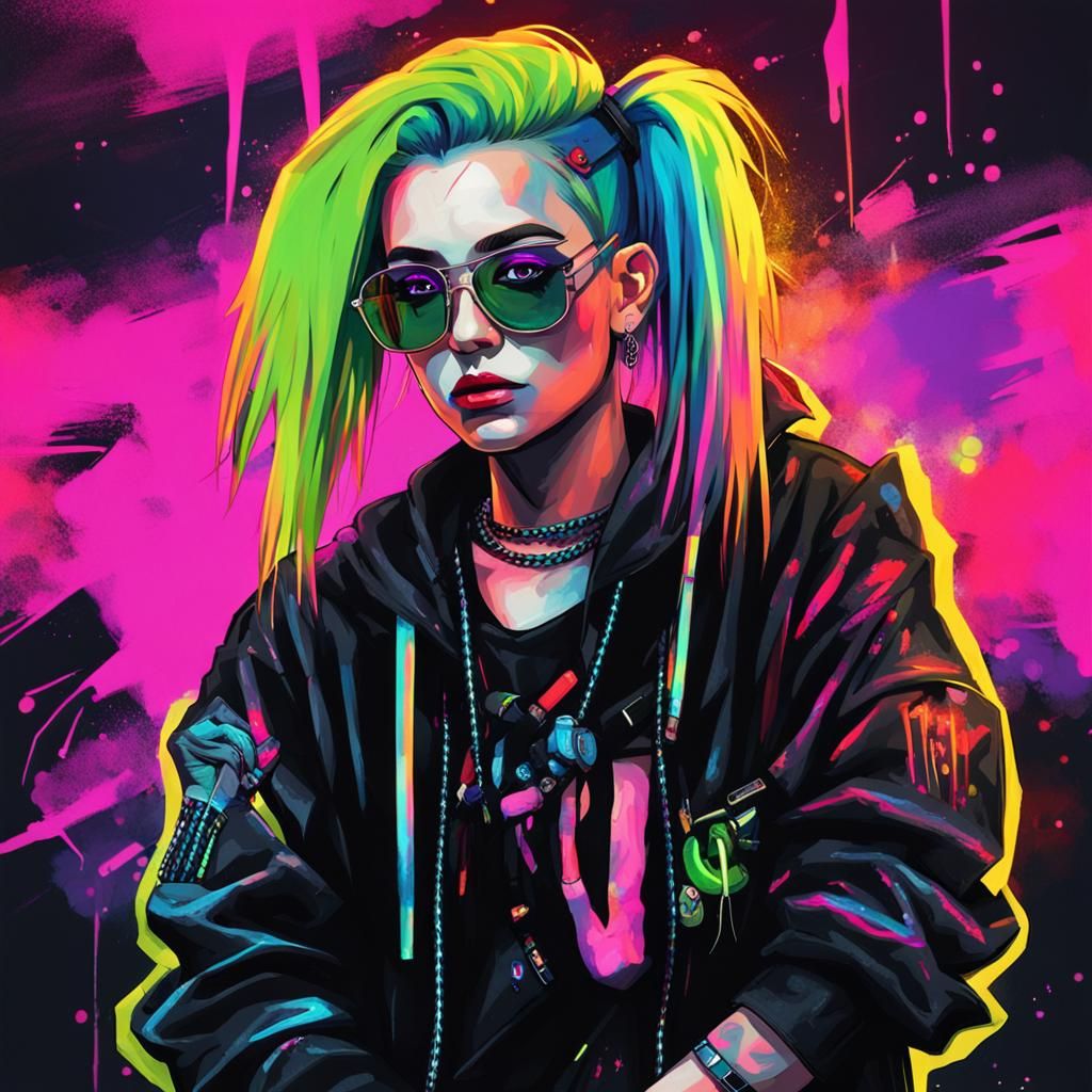 A portret om a young punk girl with neon glowing hair, nails and make up, agains black clothes with neon colord details,...