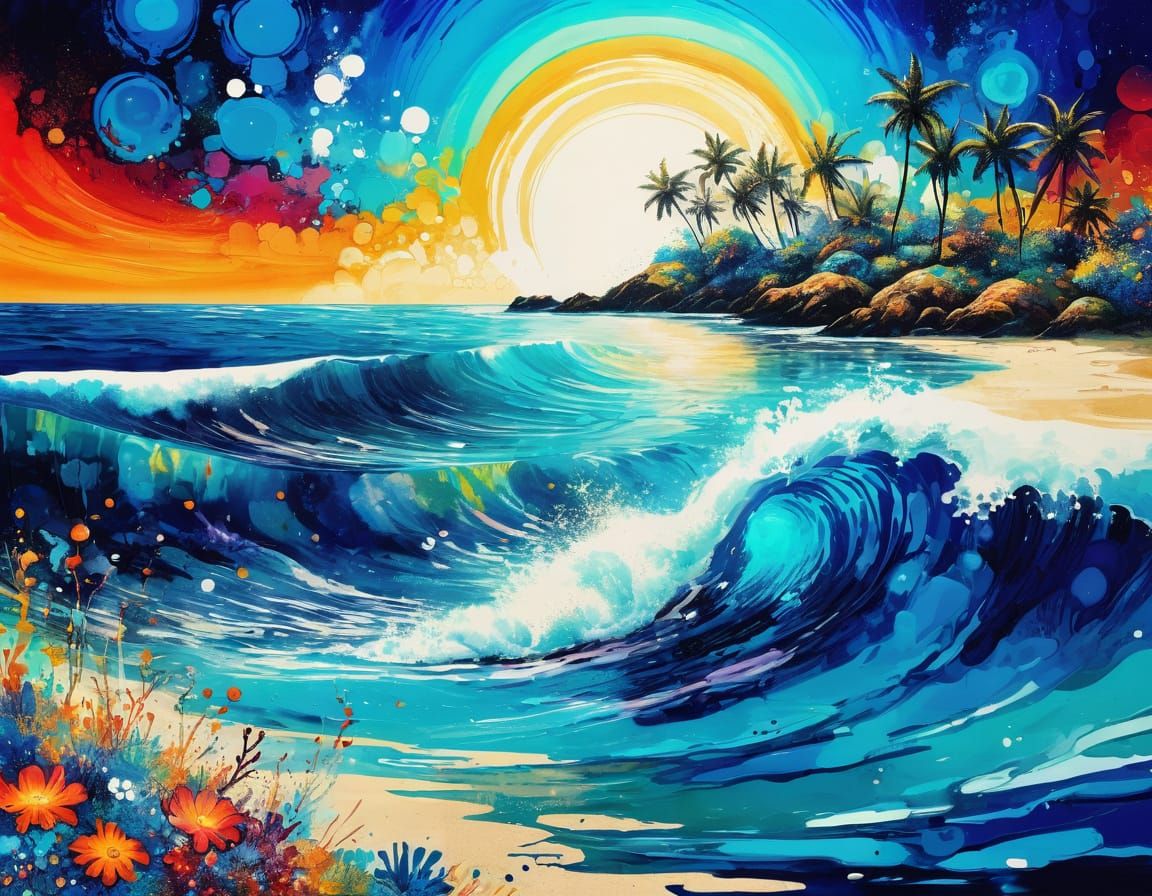 Surreal Caribbean Seascape in Abstract Expressionist Style