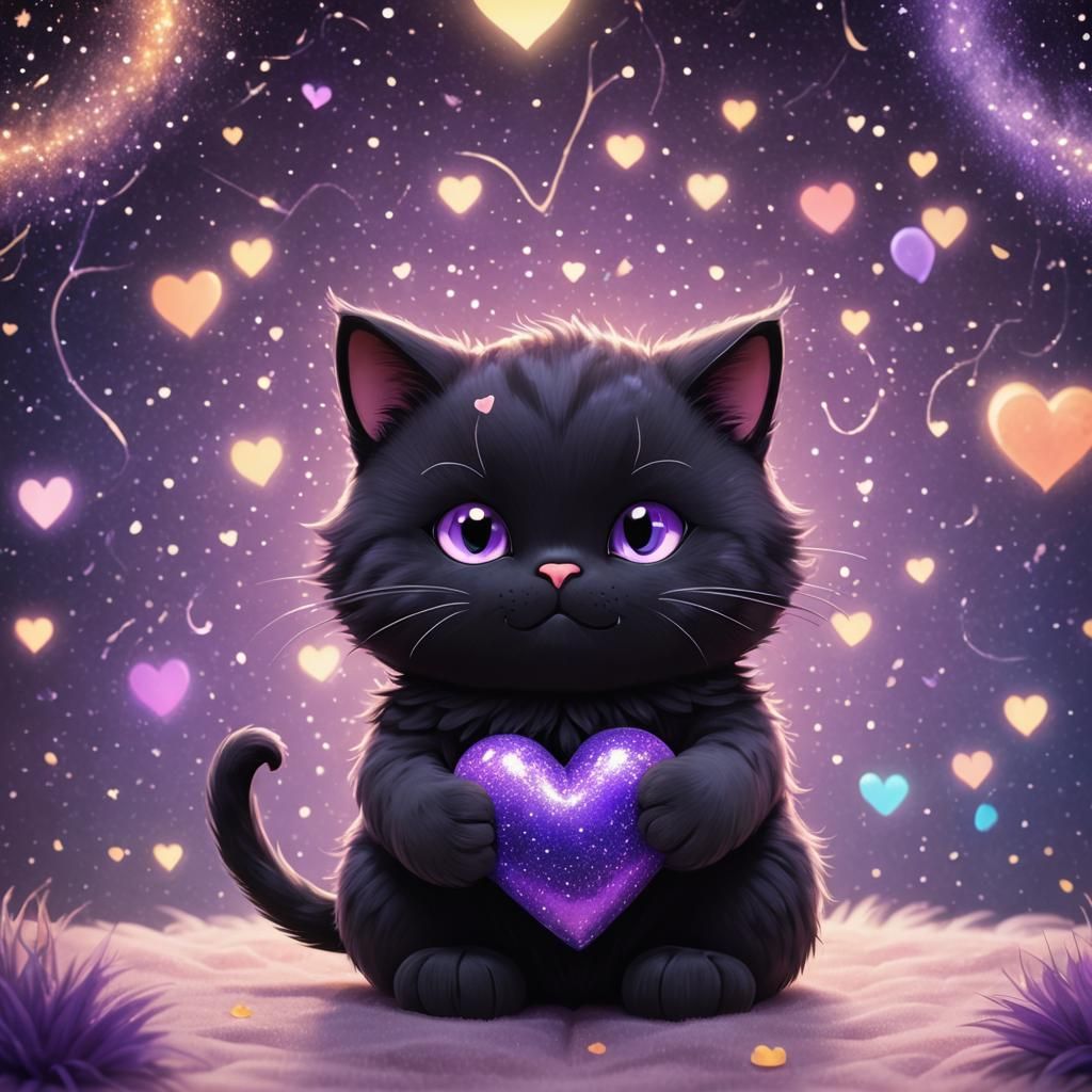Cosmic Cartoon Cat Hugs Heart in Vibrant Digital Art