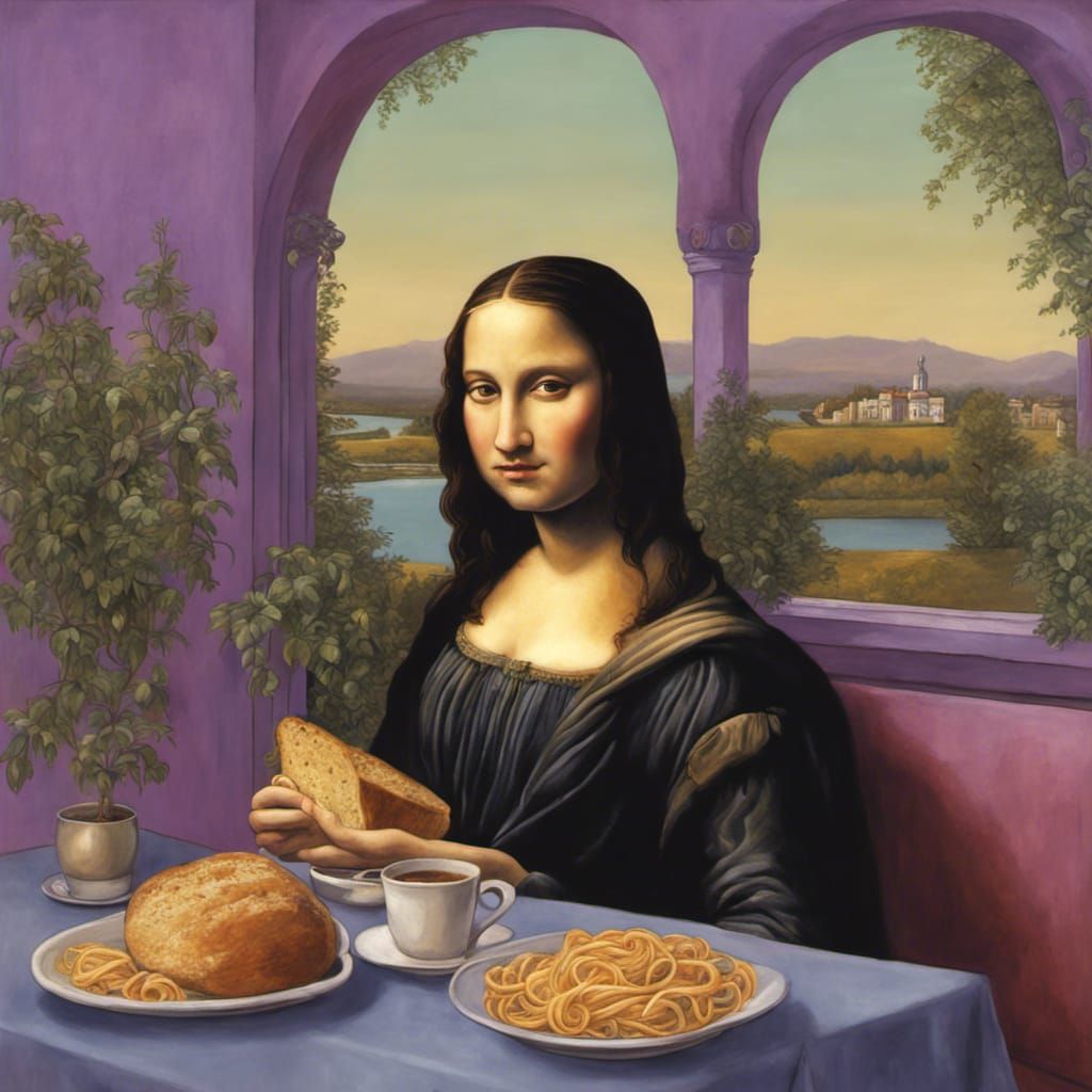 Mona Lisa violet sky at Benucci’s eating soup, bread & pasta...