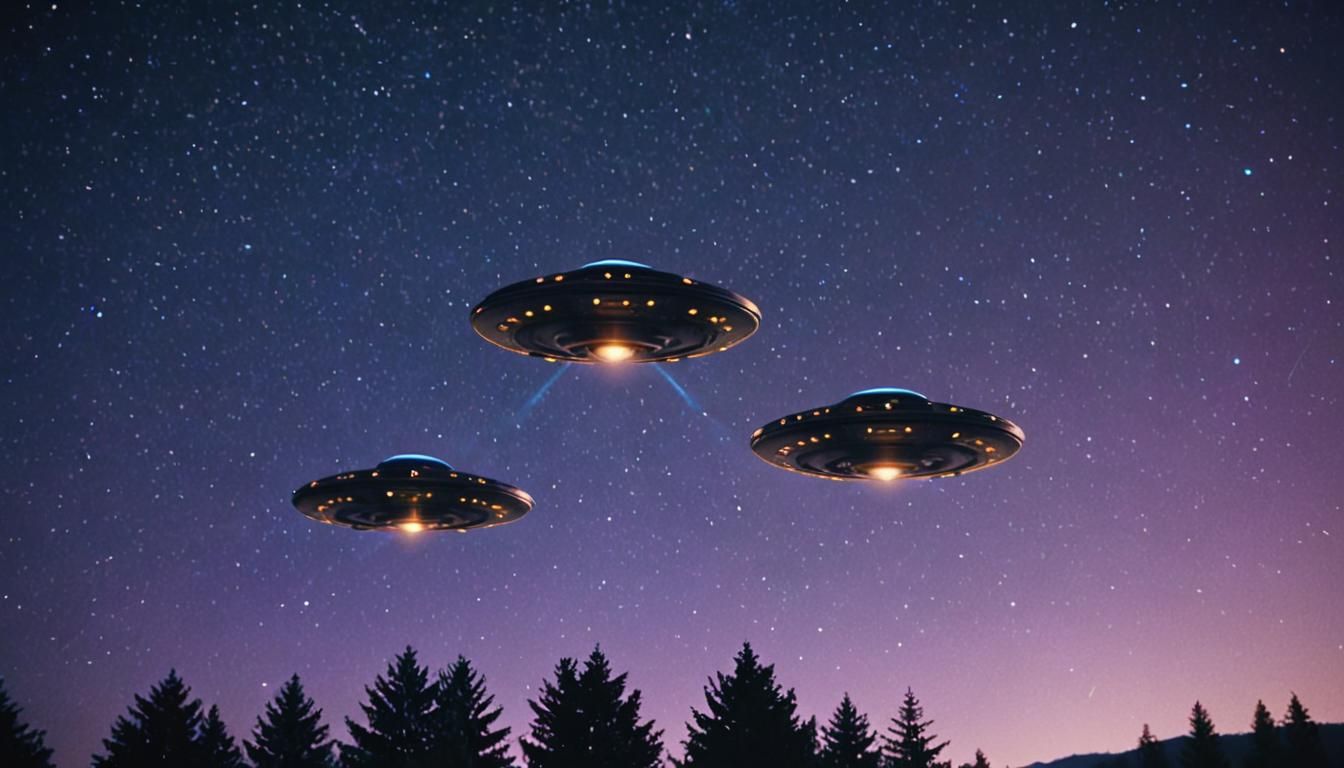 UFOs in Starry Night Sky: Cinematic Film Still