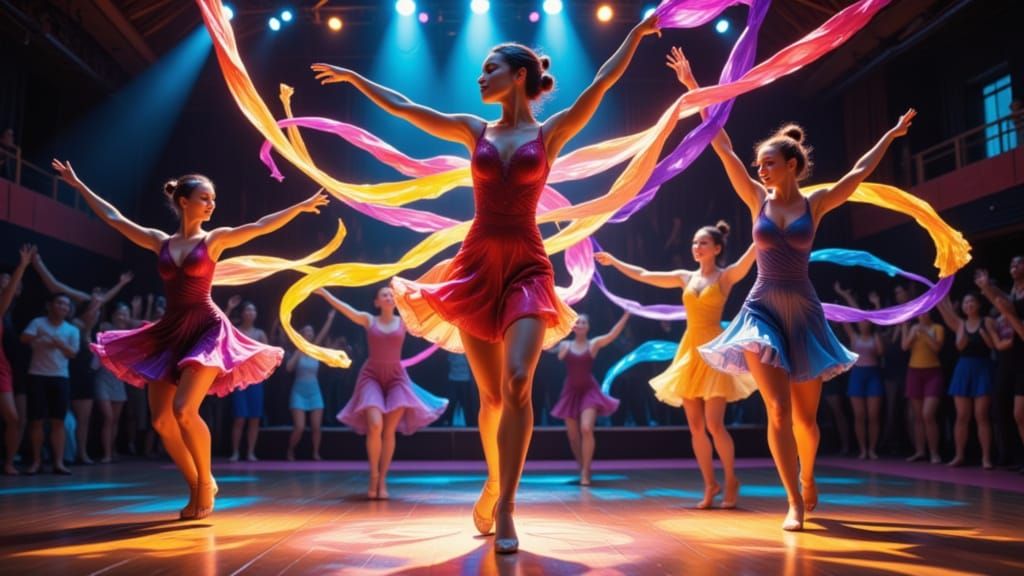 Gymnastic Ribbon Dancers with Welcome Sign: Digital Art