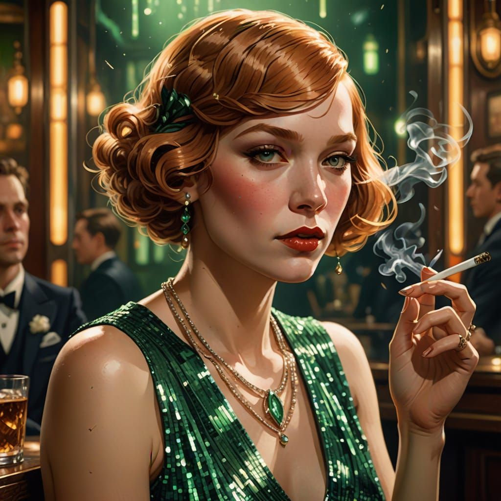 Art Deco Flapper in Speakeasy with Cigarette